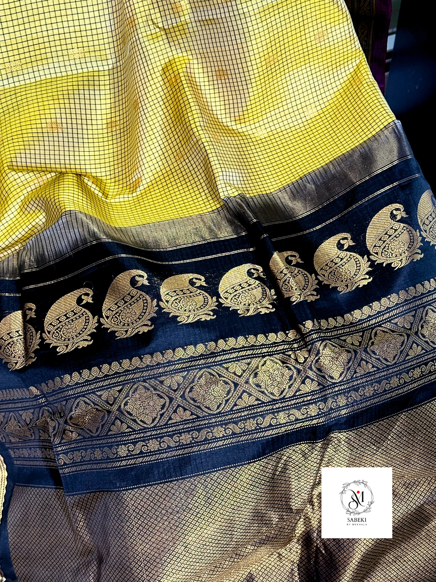 Yellow and Black Checkered pure silk Gadwal