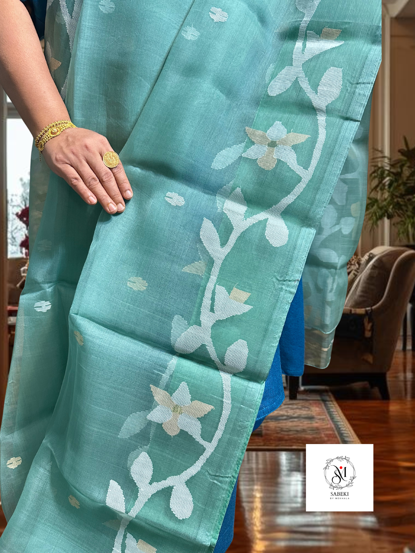 Madhabilata Pastel Sea Green Resham Tantuja Jamdani