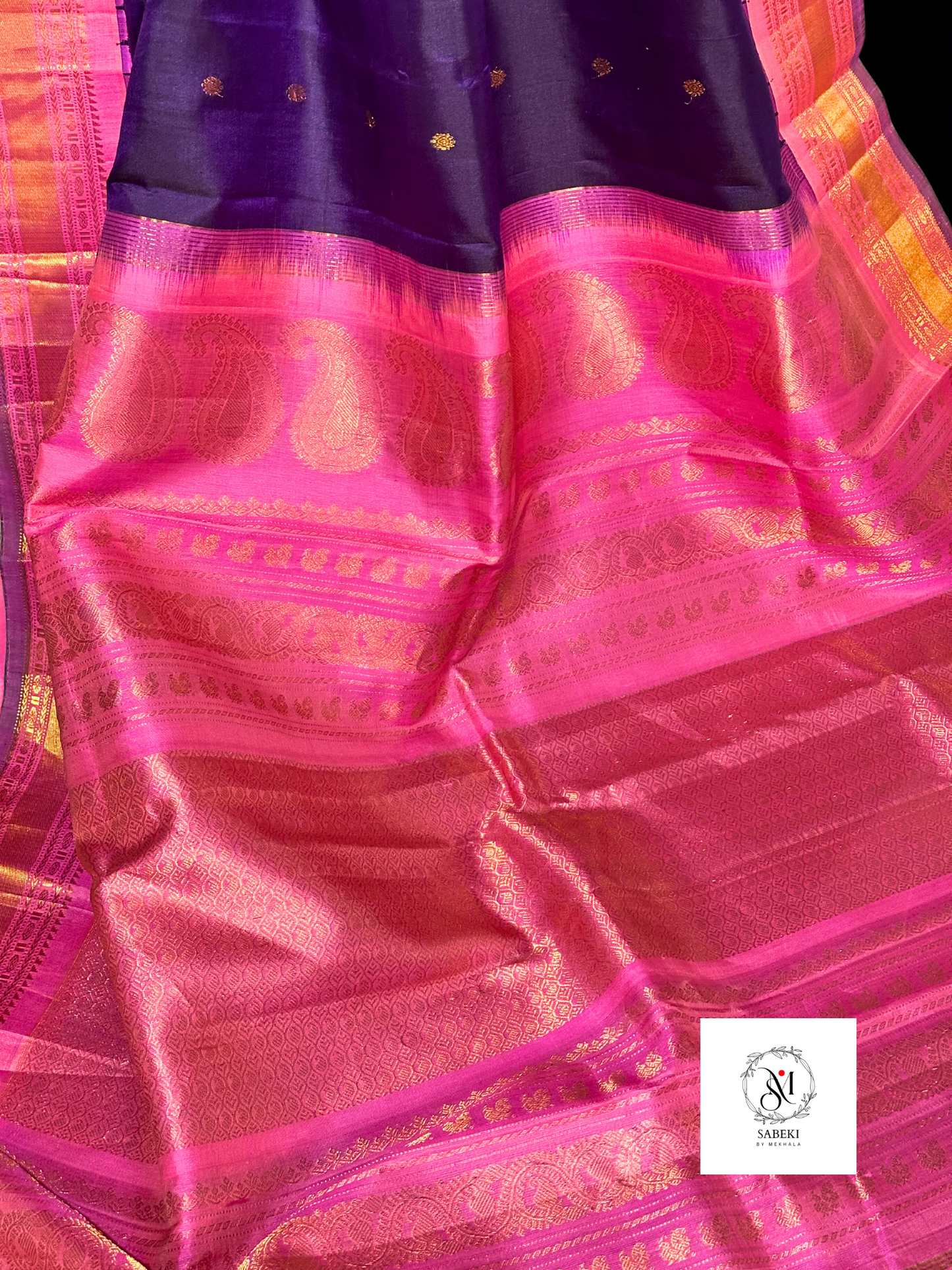 Aubergine purple and Pink pure silk Gadwal