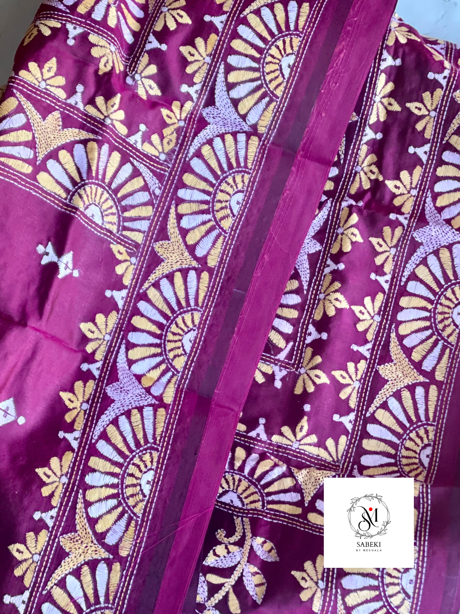 Purple Pink Kantha with White and Yellow Thread Work