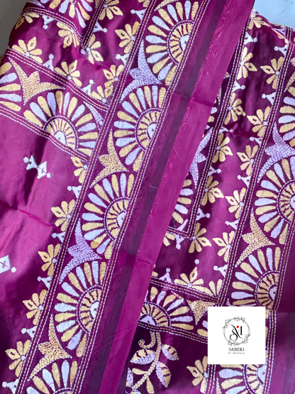 Purple Pink Kantha with White and Yellow Thread Work