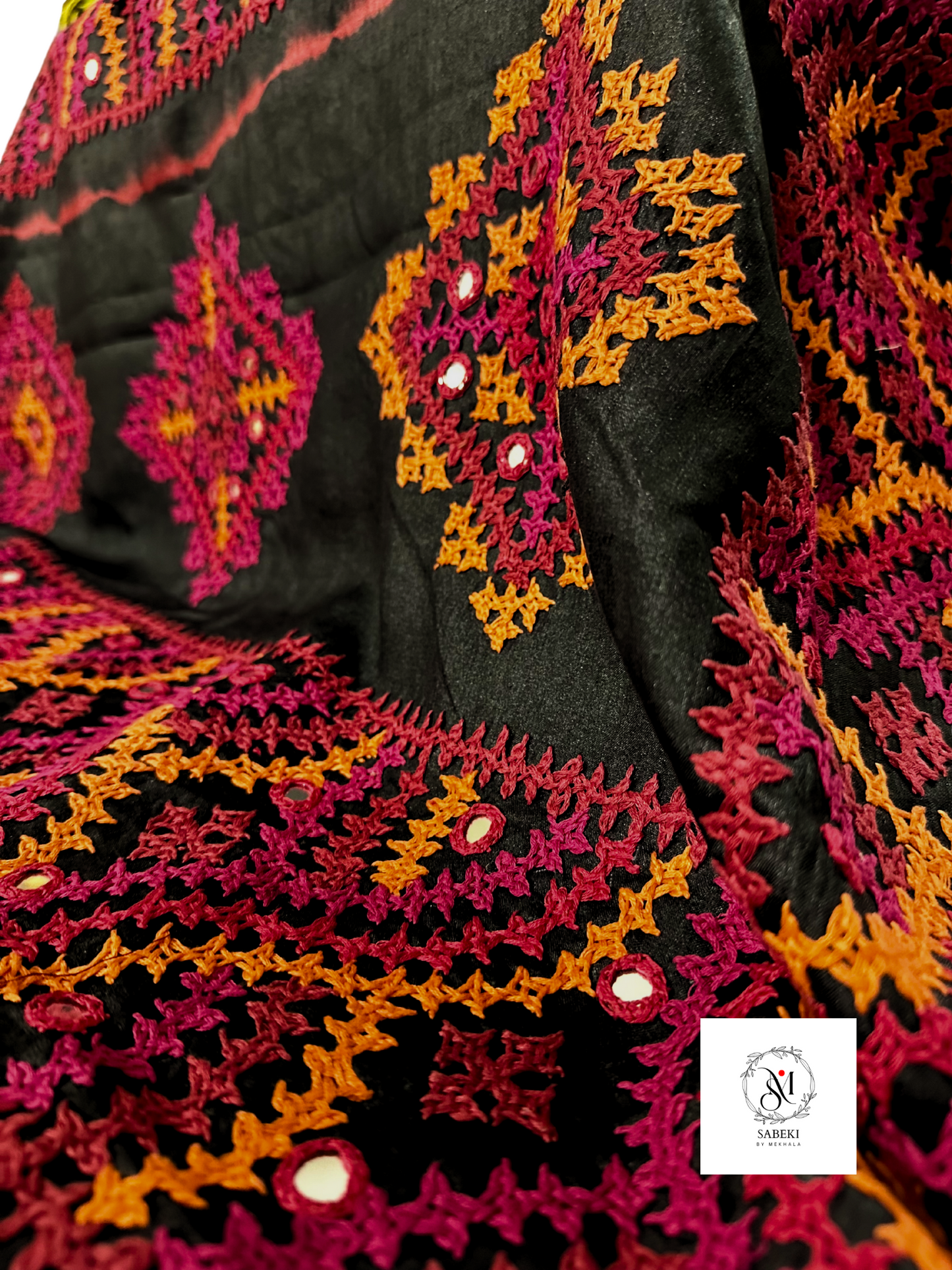 Pink and Orange Hand Gujrati on Tussar