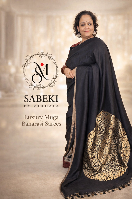 Pure Muga Contemporary Banarasi-Black single tear drop motif