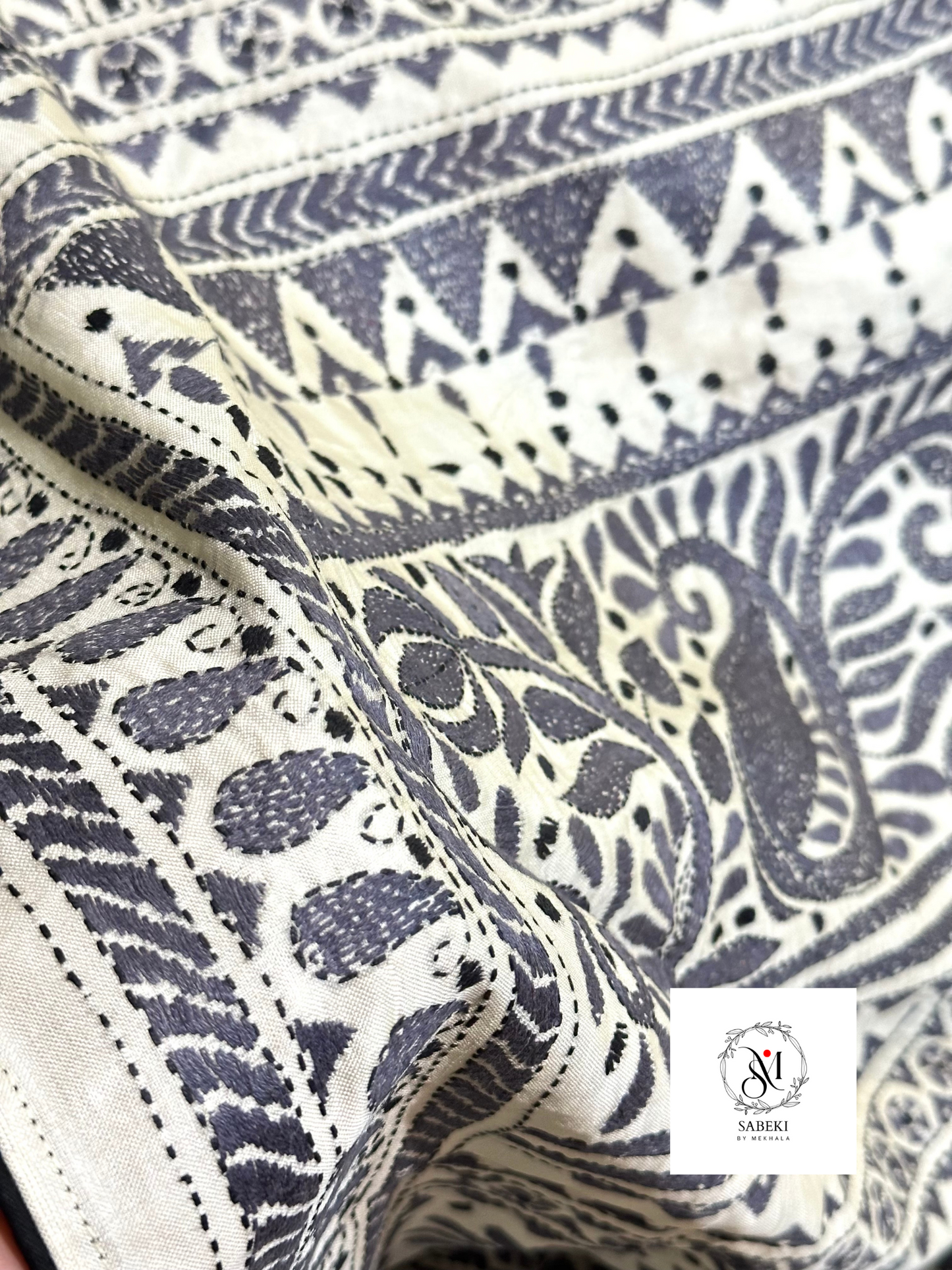 Tussar Kantha with Steel Gray Panel Work
