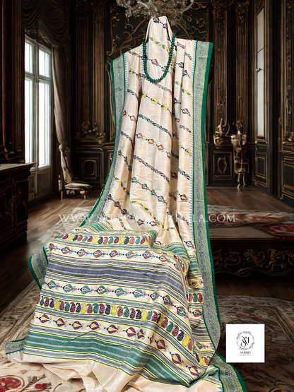 Vidarbha Tussar Kantha in green thread Ada Jangla Design