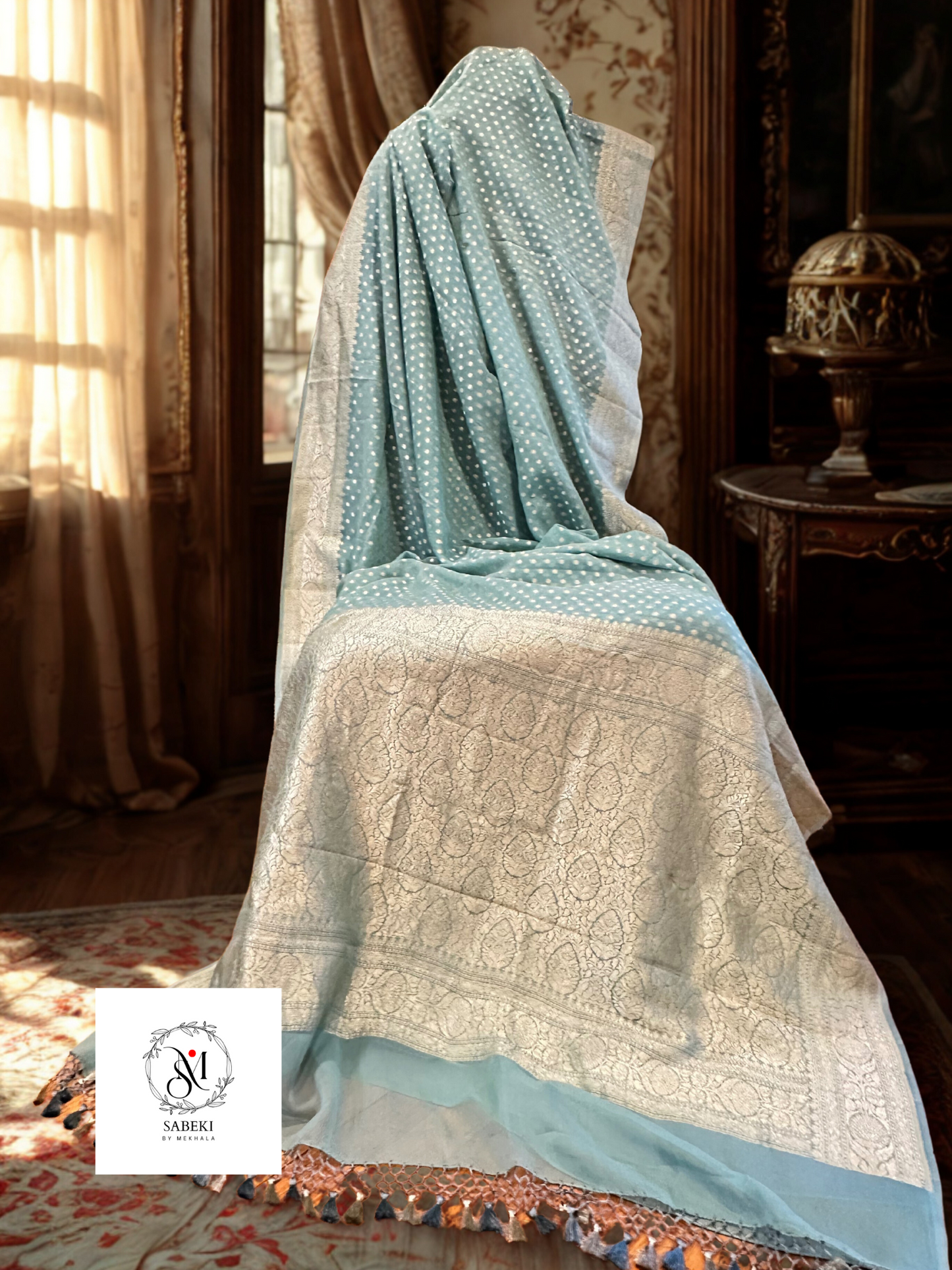 Khaddi georgette Banarasi in Pastel Aqua Blue with Antique Zari-5 (Sitara)