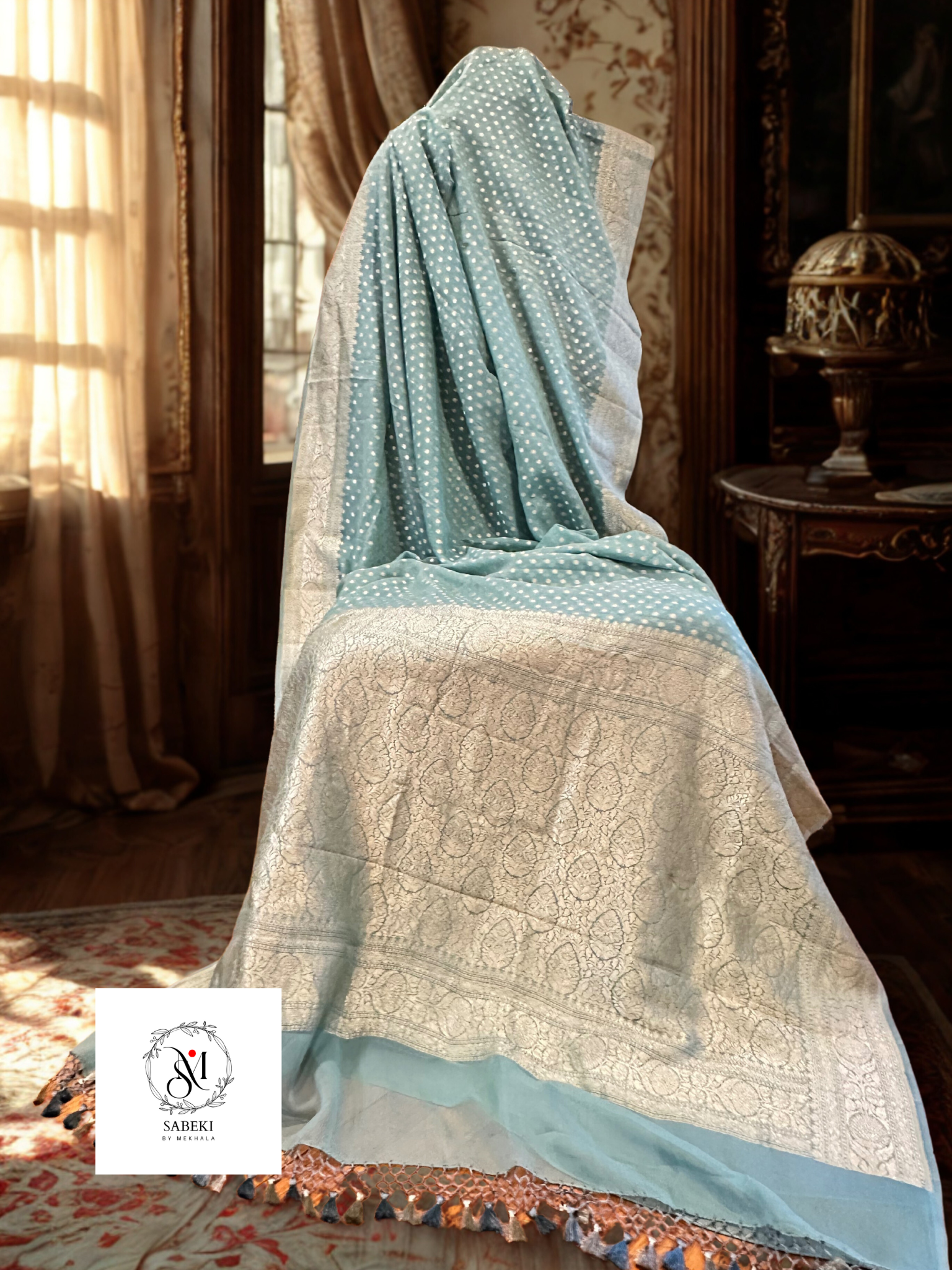 Khaddi georgette Banarasi in Pastel Aqua Blue with Antique Zari-5 (Sitara)