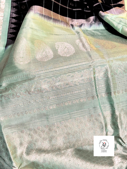 Navy Blue body-Mint Green Checkered  pure silk Gadwal