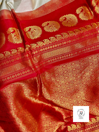 Metallic Gray and Red pure silk Gadwal