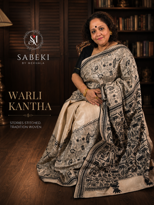 Monochrome Gachi tussar Black thread warli kantha