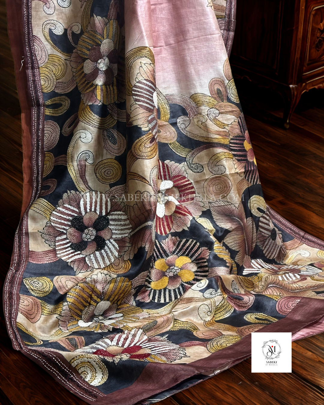 Exclusive hand pastel grey kantha on tussar