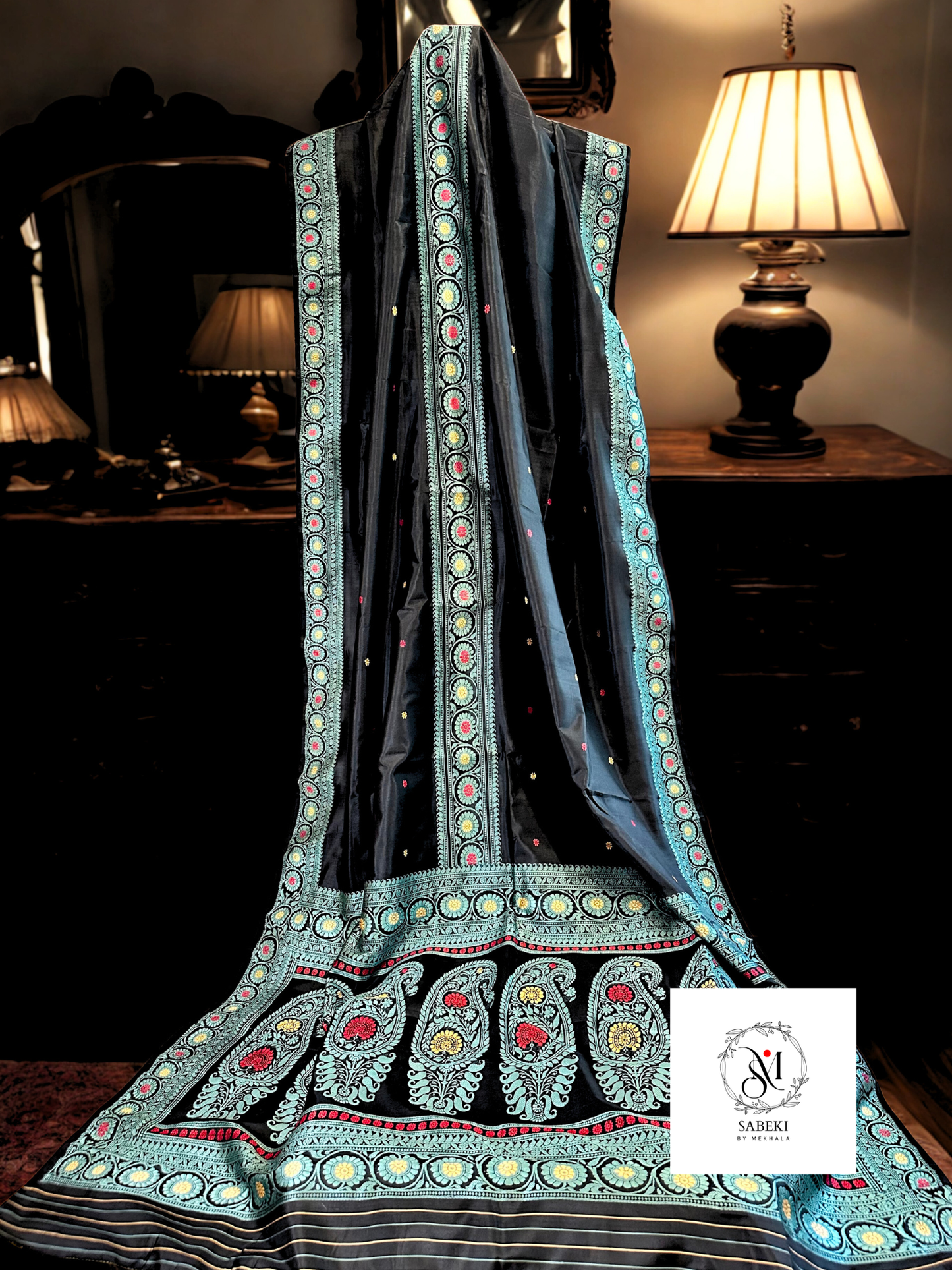 3 Border Pachapere Revival Baluchari in Black and Turquoise