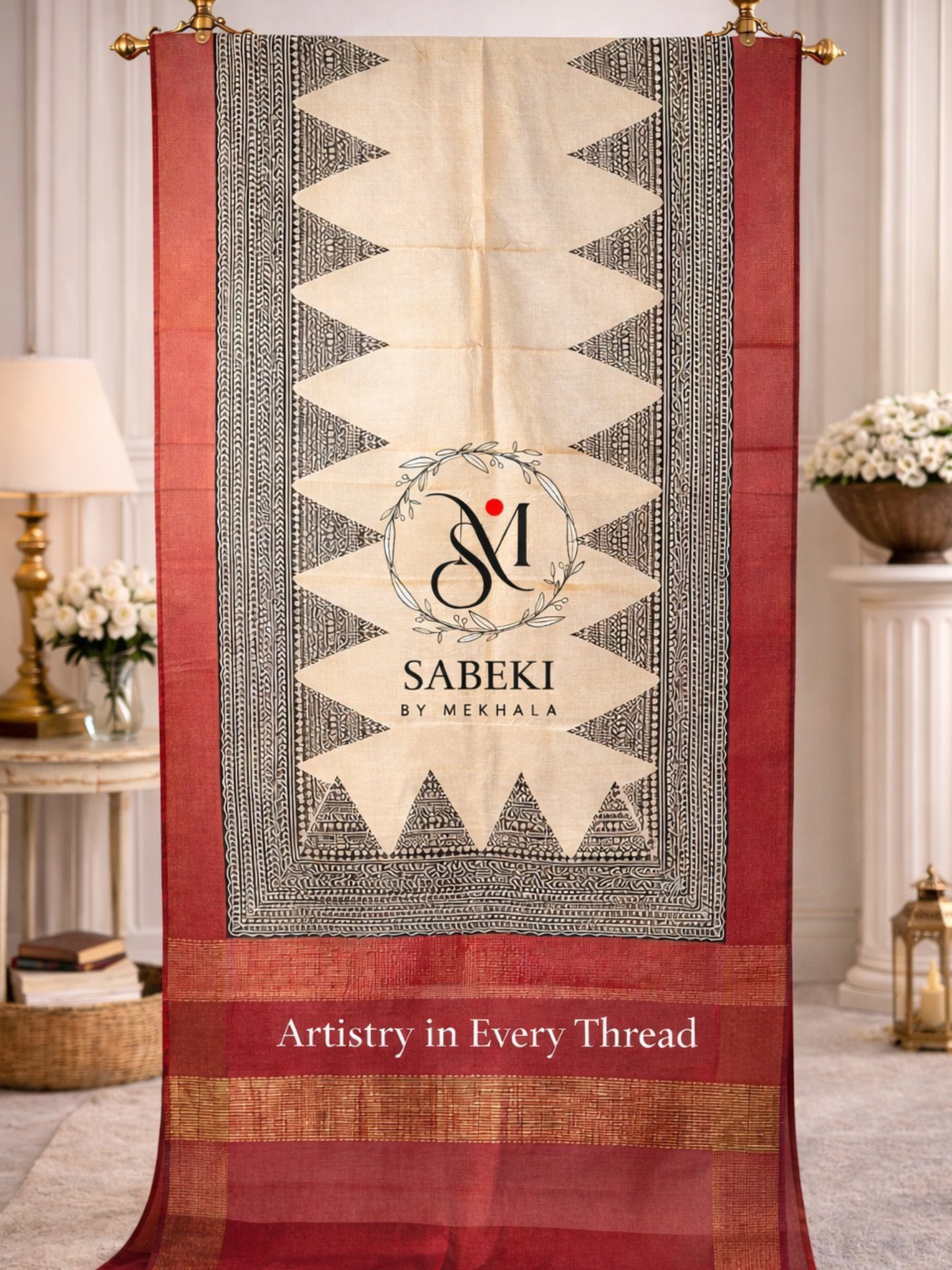 Hand Block Printed Pure Tussar with Tomato Red and Black broad Temple Border