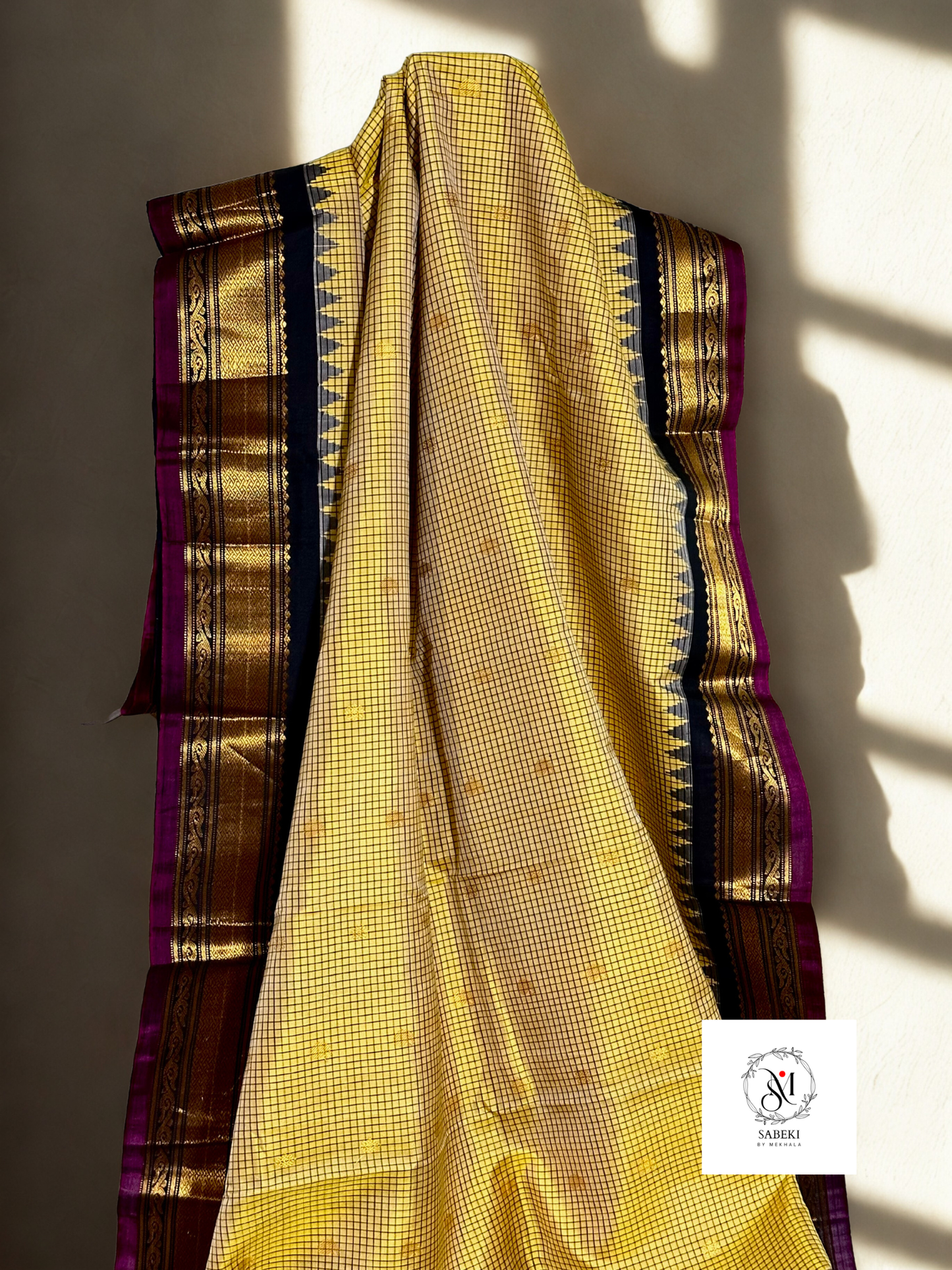 Yellow and Black Checkered pure silk Gadwal