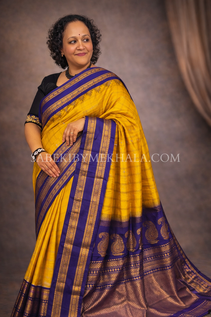 Yellow and Purple Checkered Sona-Roopa pure silk Gadwal