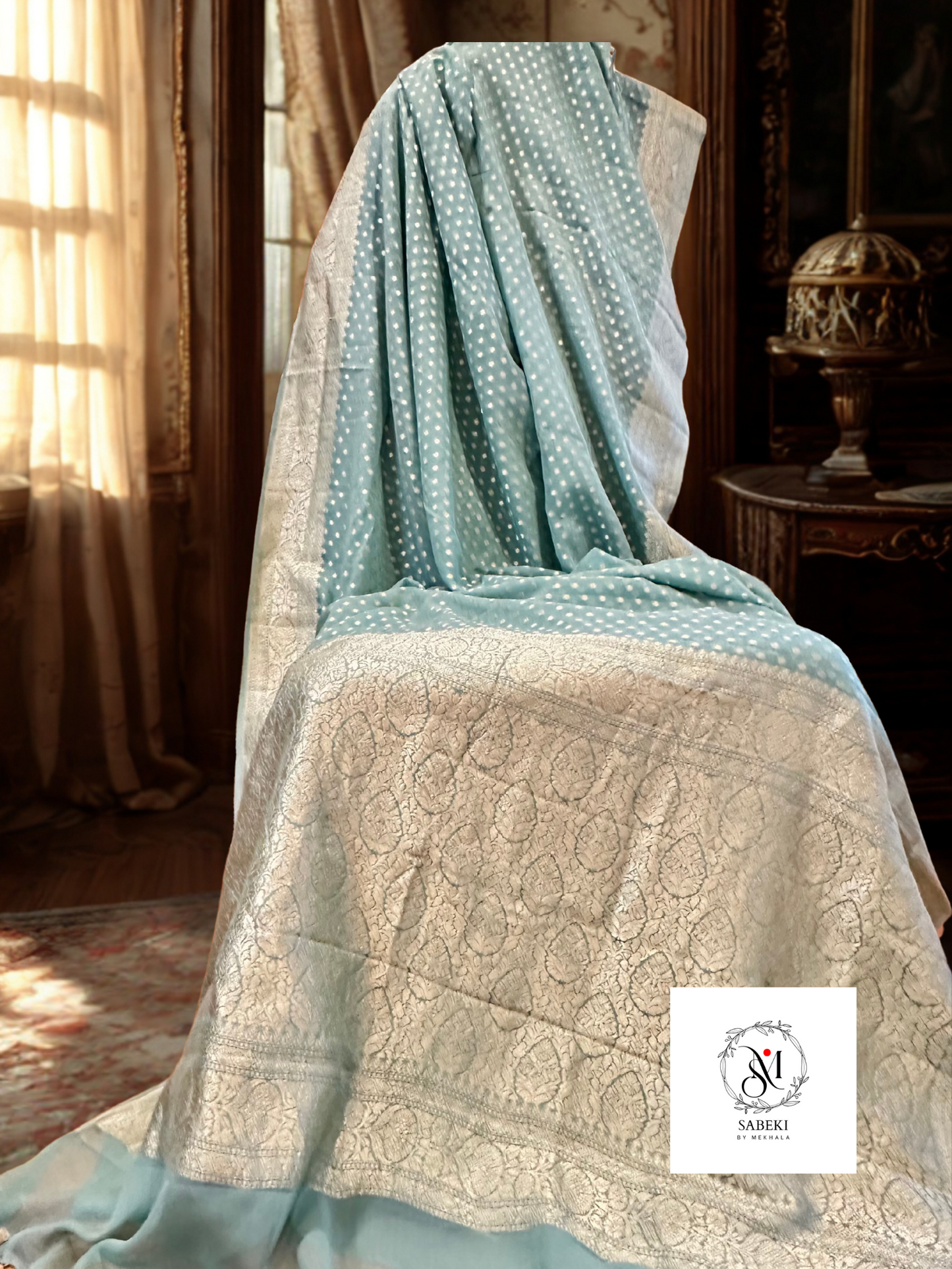 Khaddi georgette Banarasi in Pastel Aqua Blue with Antique Zari-5 (Sitara)