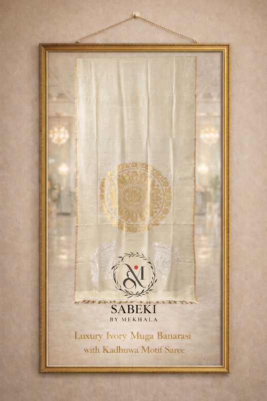Pure Muga Contemporary Banarasi-Off-White golden round motif and silver double koniya