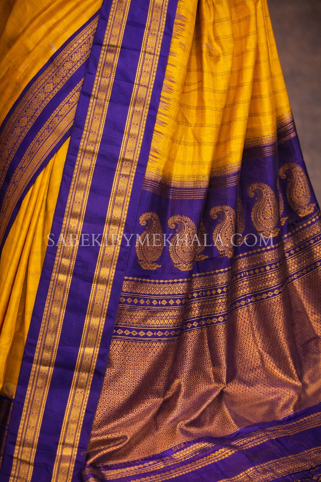 Yellow and Purple Checkered Sona-Roopa pure silk Gadwal