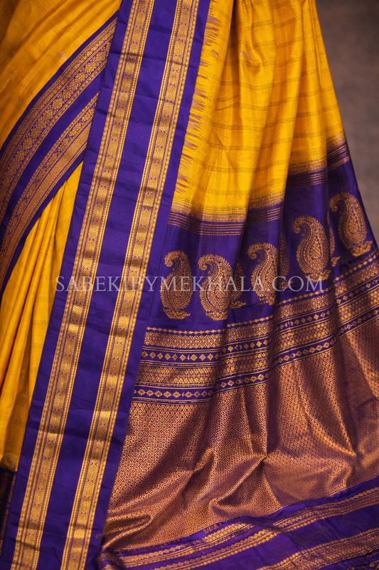 Yellow and Purple Checkered Sona-Roopa pure silk Gadwal