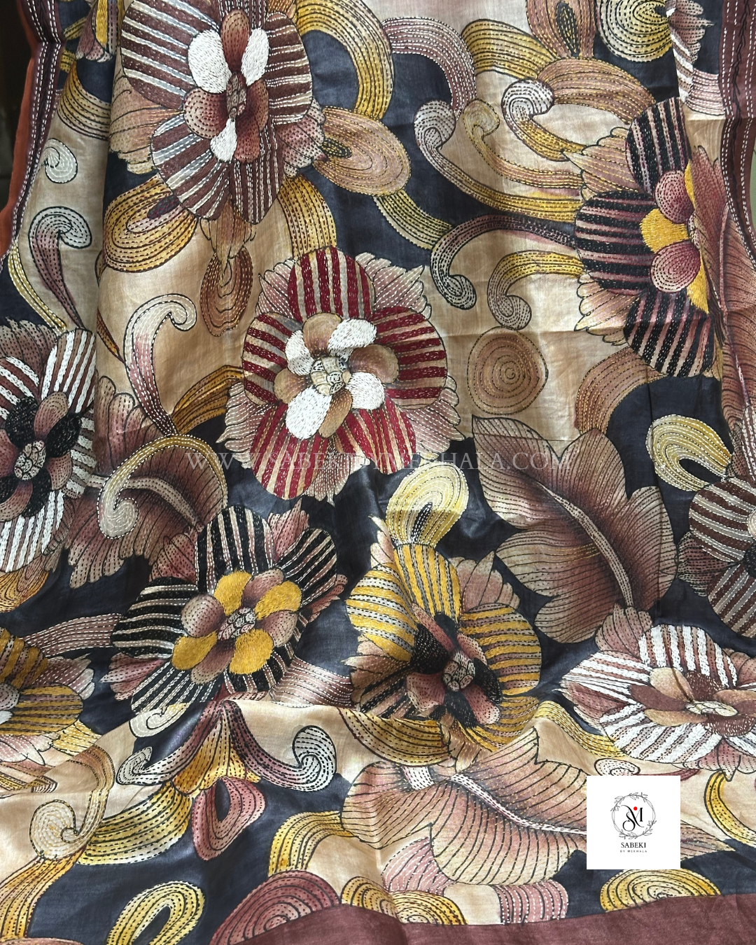 Exclusive hand painted pastel brown kantha on tussar