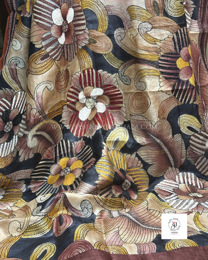 Exclusive hand painted pastel brown kantha on tussar