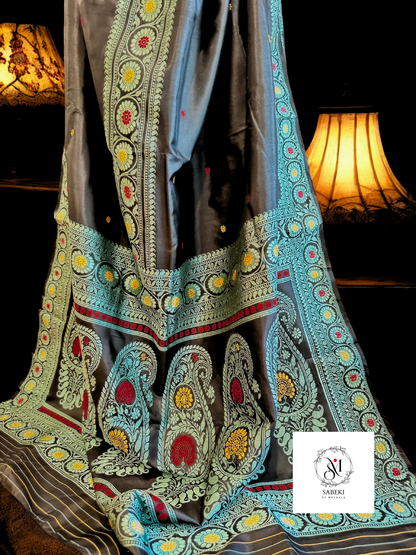 3 Border Pachapere Revival Baluchari in Black and Turquoise