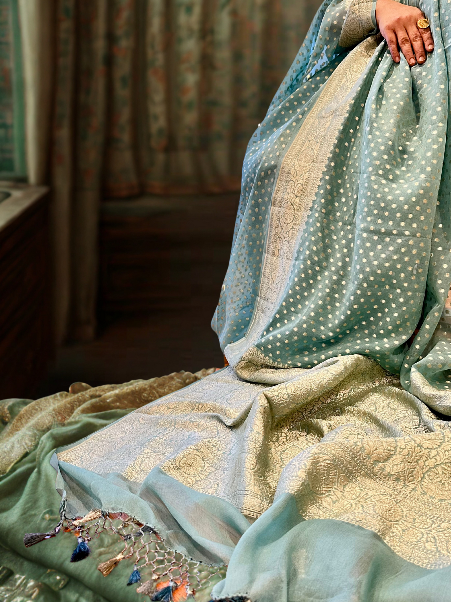 Khaddi georgette Banarasi in Pastel Aqua Blue with Antique Zari-5 (Sitara)