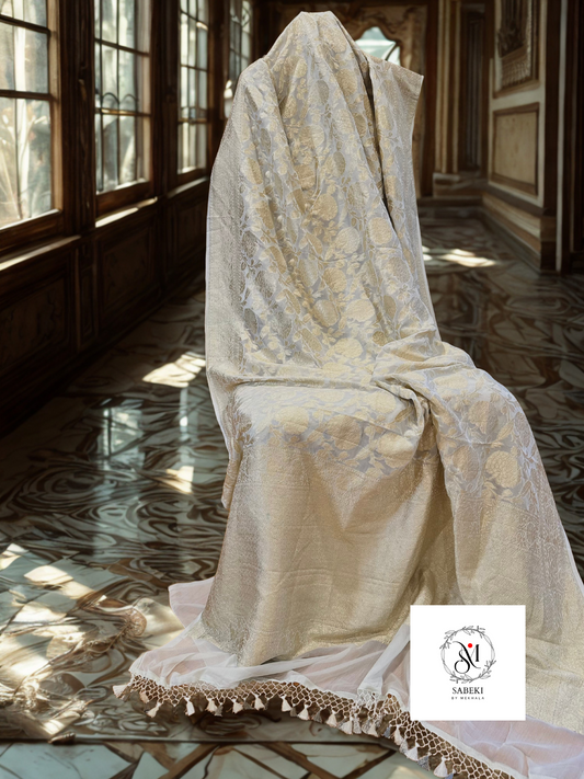 Khaddi georgette Banarasi in off-white with Antique Zari-3