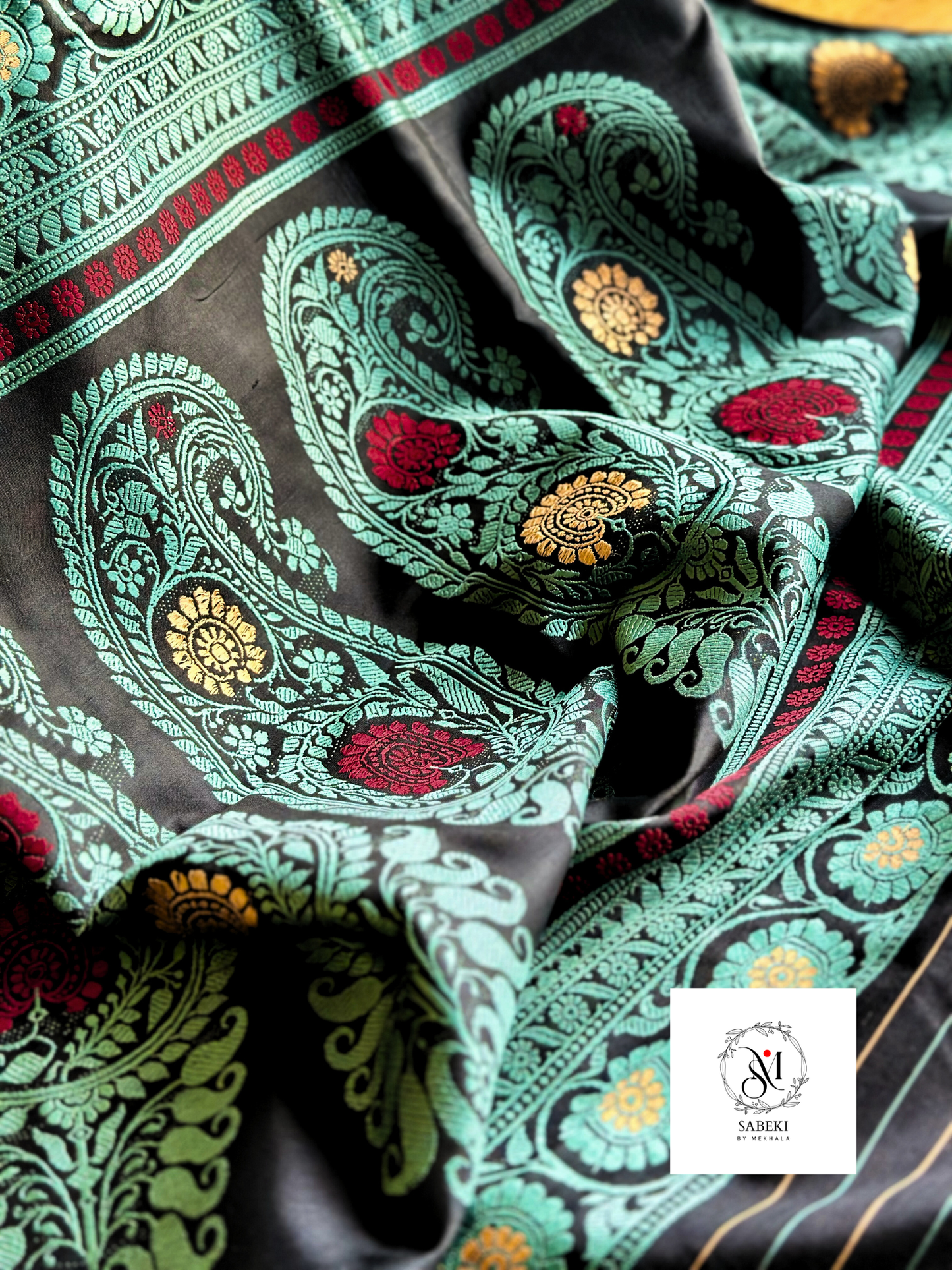 3 Border Pachapere Revival Baluchari in Black and Turquoise