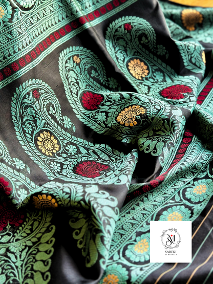 3 Border Pachapere Revival Baluchari in Black and Turquoise