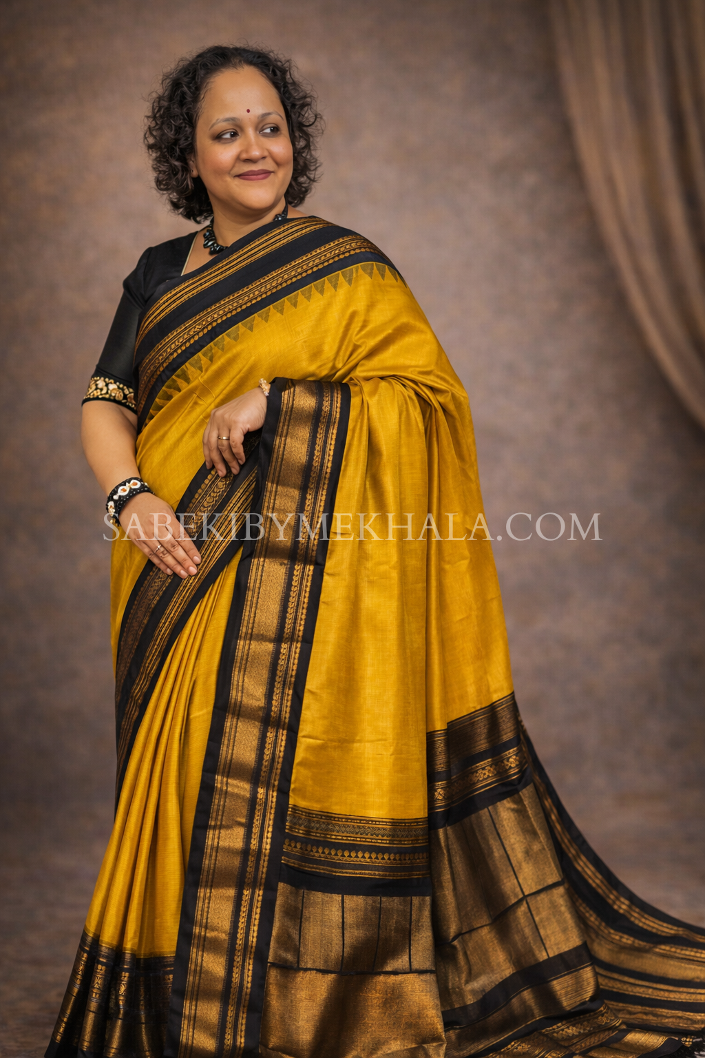 Mustard Yellow and Black pure silk Gadwal