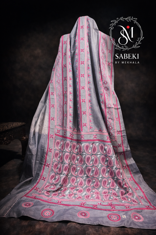 Kantha saree 3 border gray