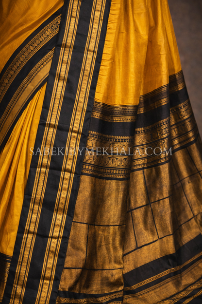 Mustard Yellow and Black pure silk Gadwal