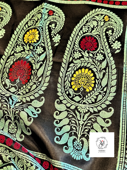 3 Border Pachapere Revival Baluchari in Black and Turquoise