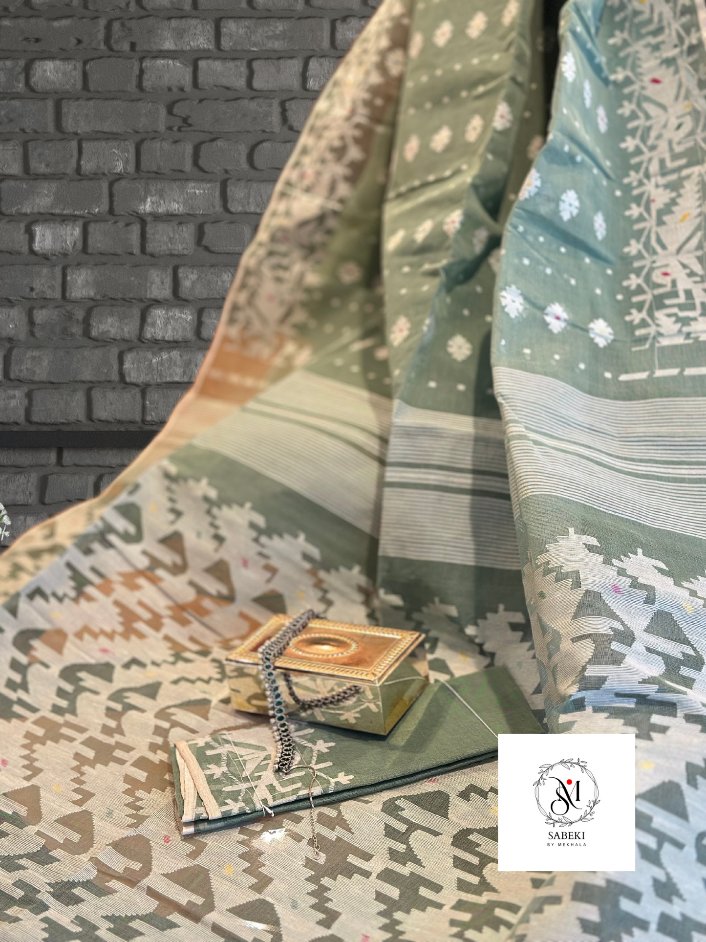 Shitalakshya Handwoven Dhakai Jamdani - Pastel Pista