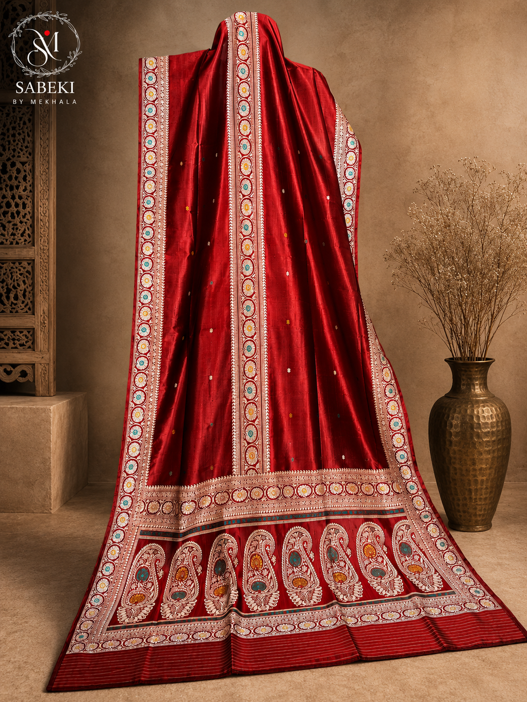 Burnt Red pure silk revival Baluchari saree featuring a triple-border Pachapere layout and Resham Meenakari paisley motifs by Sabeki By Mekhala.