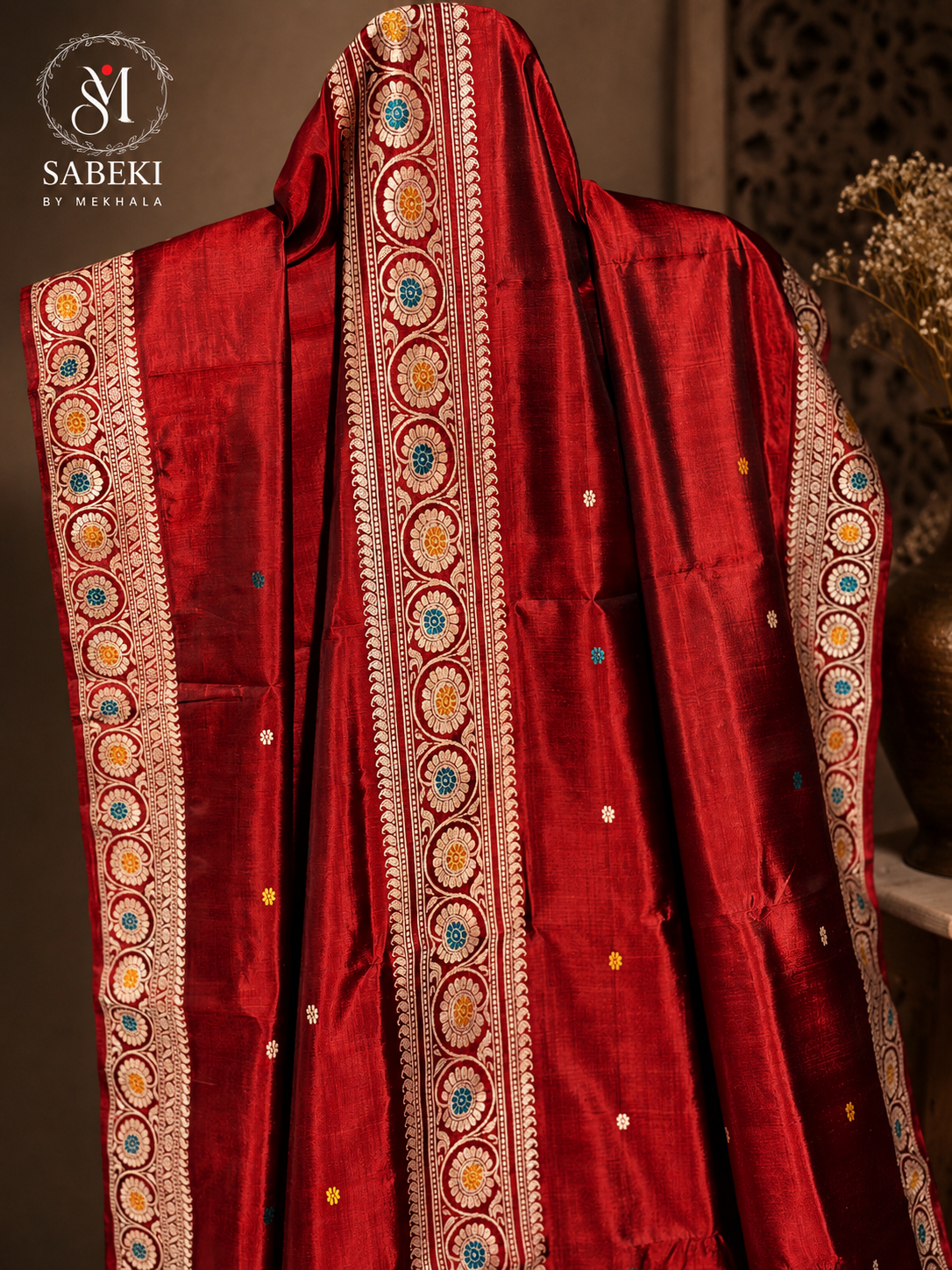 Burnt Red pure silk revival Baluchari saree featuring a triple-border Pachapere layout and Resham Meenakari paisley motifs by Sabeki By Mekhala.