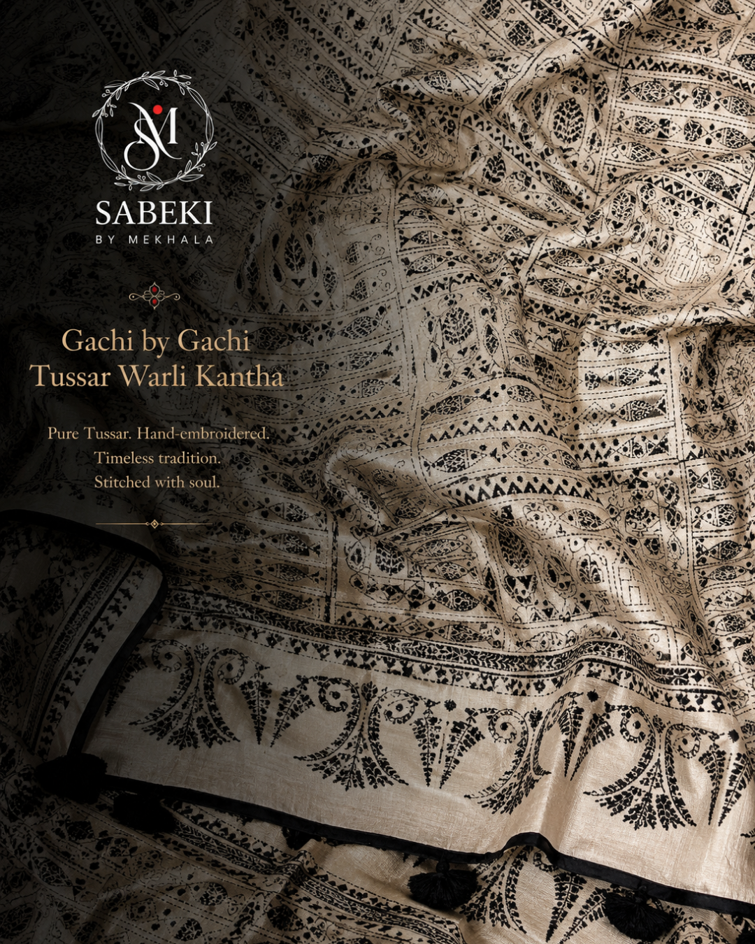 Close-up of intricate Warli Kantha hand stitching on Tussar silk at Sabileki by Mekhala