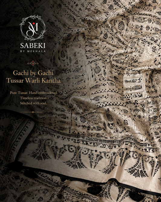 Close-up of intricate Warli Kantha hand stitching on Tussar silk at Sabileki by Mekhala
