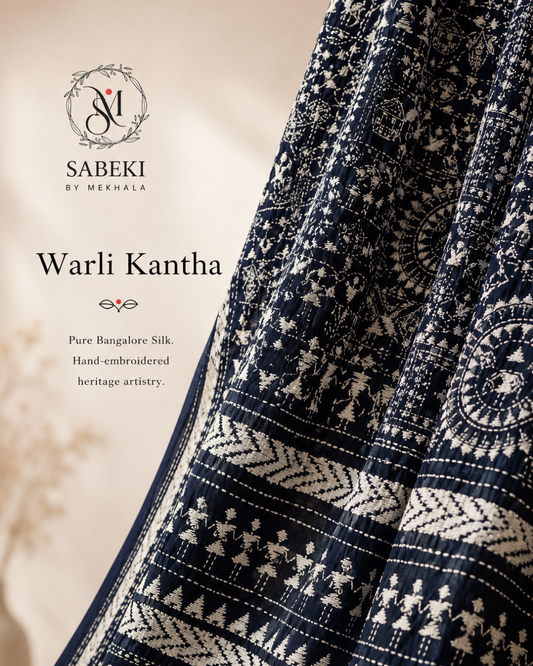 Close-up of white thread Kantha embroidery on Bangalore silk