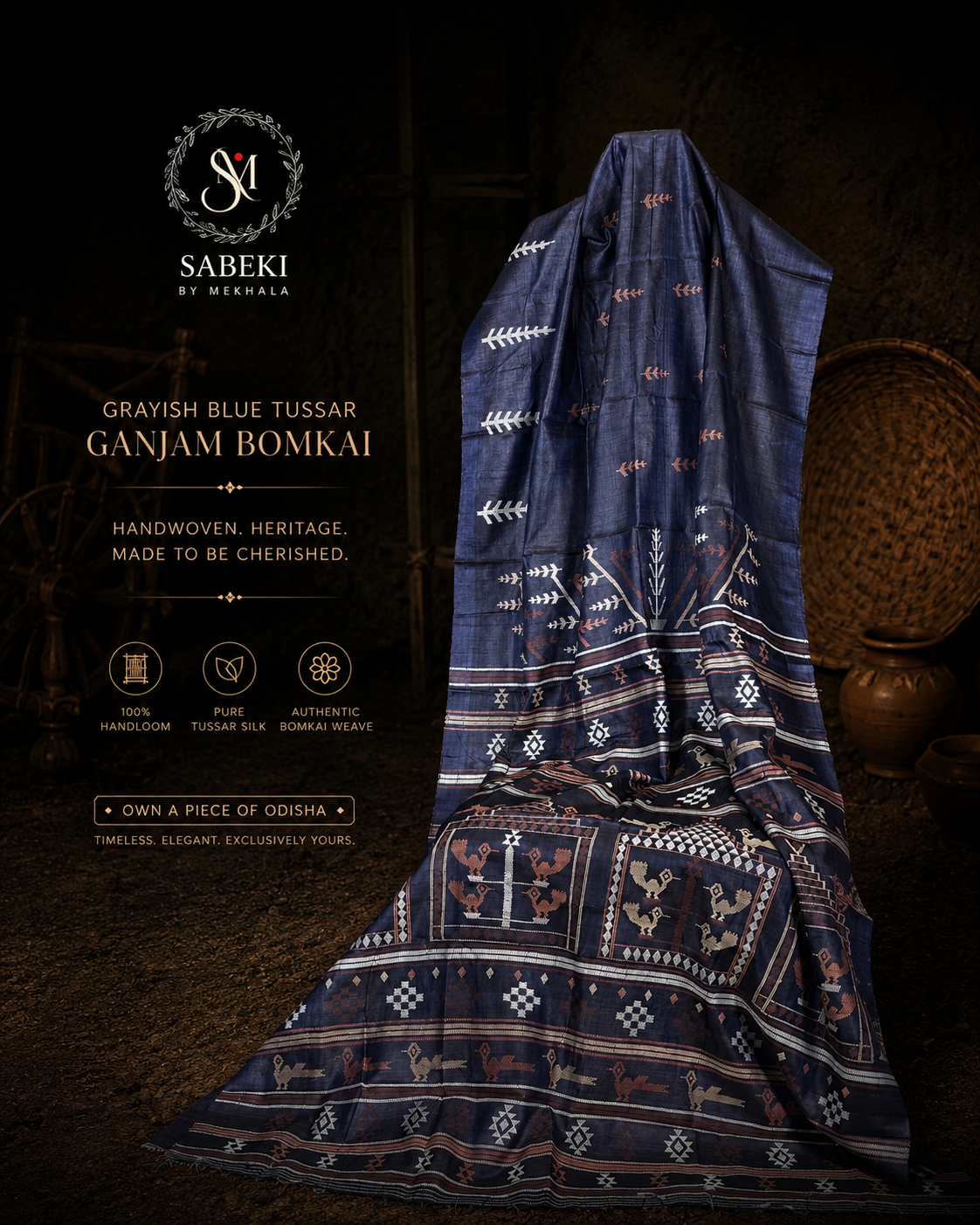 Contemporary Ganjam Bomkai Tussar Saree in Bluish-Gray | Handwoven Odisha Heritage Weave