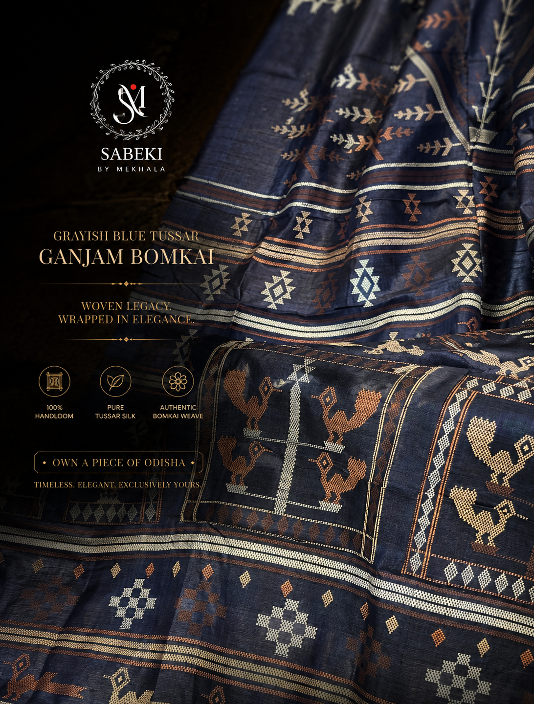 Contemporary Ganjam Bomkai Tussar Saree in Bluish-Gray close up | Handwoven Odisha Heritage Weave