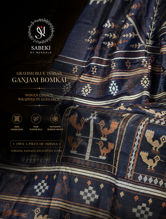Contemporary Ganjam Bomkai Tussar Saree in Bluish-Gray close up | Handwoven Odisha Heritage Weave