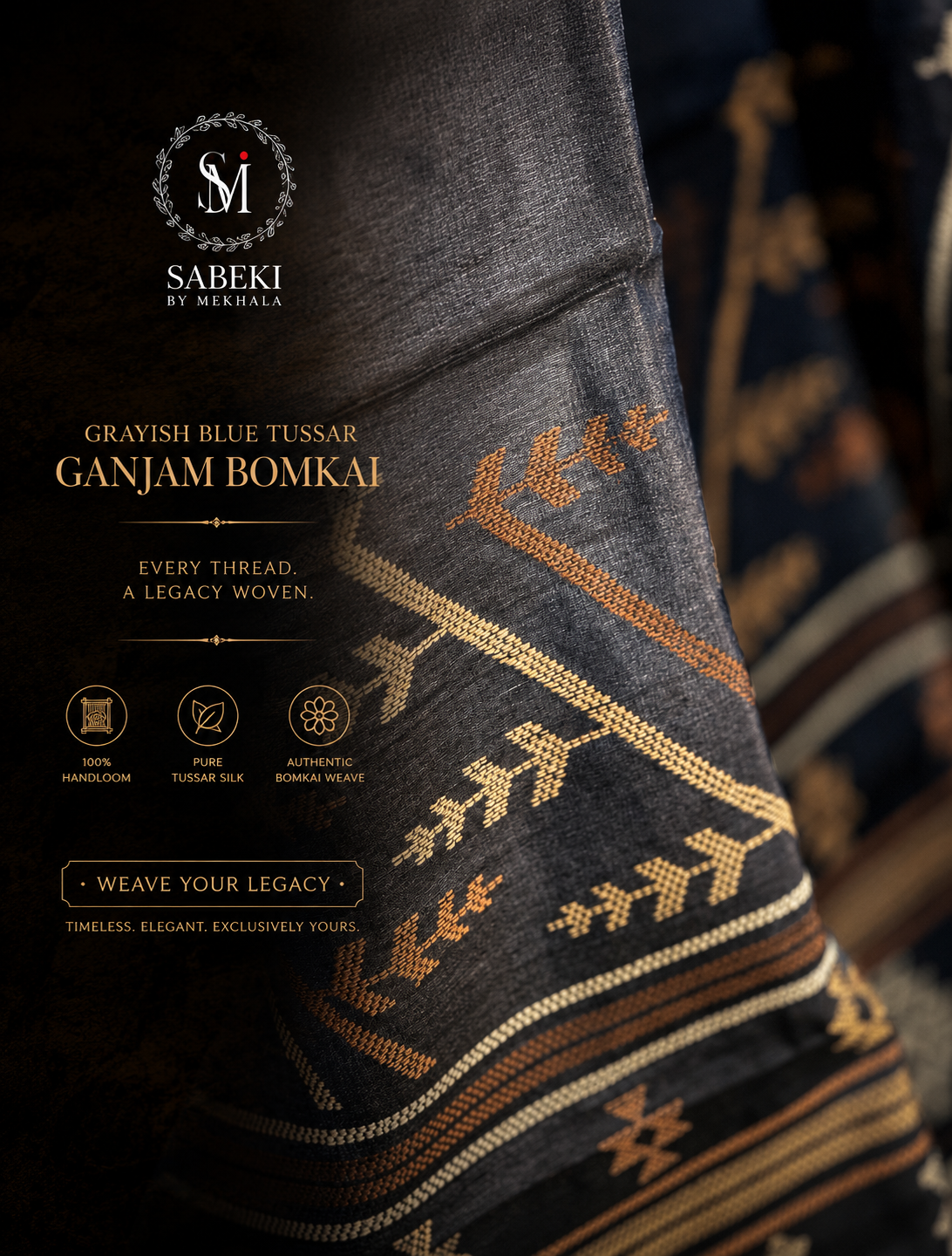 Contemporary Ganjam Bomkai Tussar Saree in Bluish-Gray close up body | Handwoven Odisha Heritage Weave