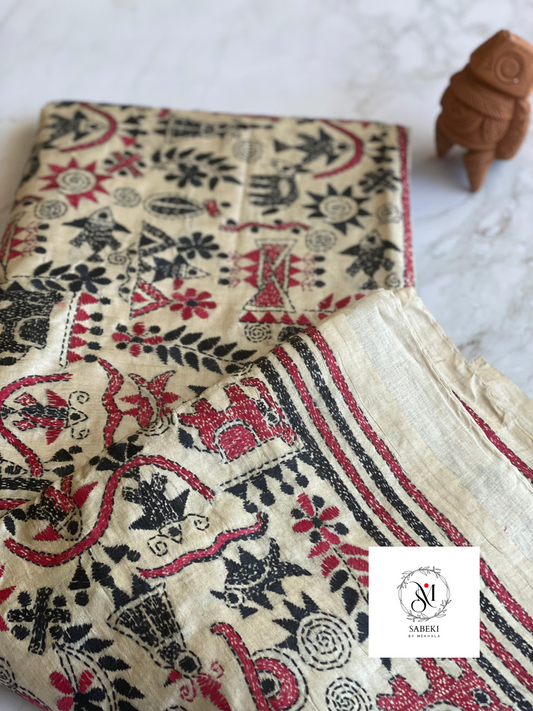 Gachi Tussar Folk Kantha Maroon and Black