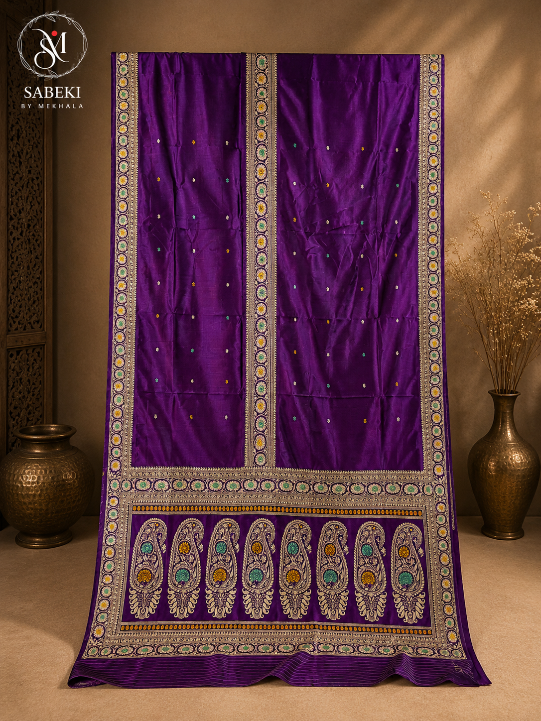 Deep dark purple pure silk revival Baluchari saree with 3-border Pachapere Meenakari craftsmanship by Sabeki By Mekhala.