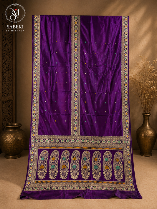 Deep dark purple pure silk revival Baluchari saree with 3-border Pachapere Meenakari craftsmanship by Sabeki By Mekhala.