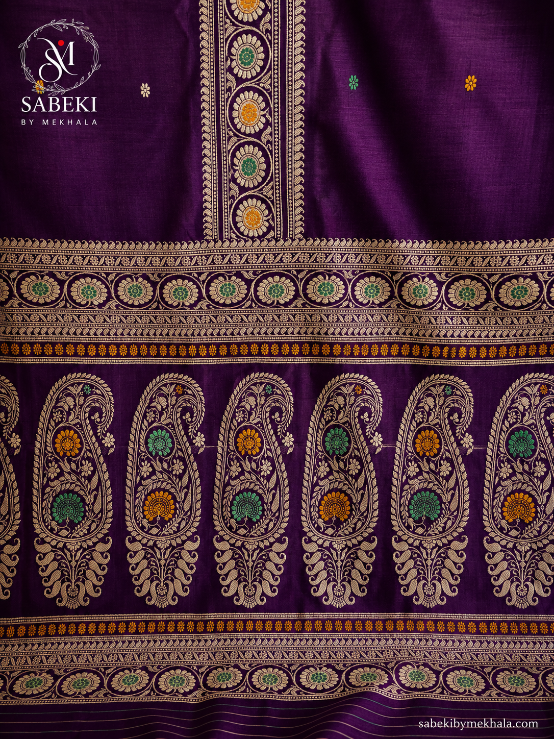 Deep dark purple pure silk revival Baluchari saree with 3-border Pachapere Meenakari craftsmanship by Sabeki By Mekhala.