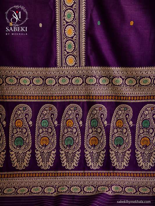 Deep dark purple pure silk revival Baluchari saree with 3-border Pachapere Meenakari craftsmanship by Sabeki By Mekhala.