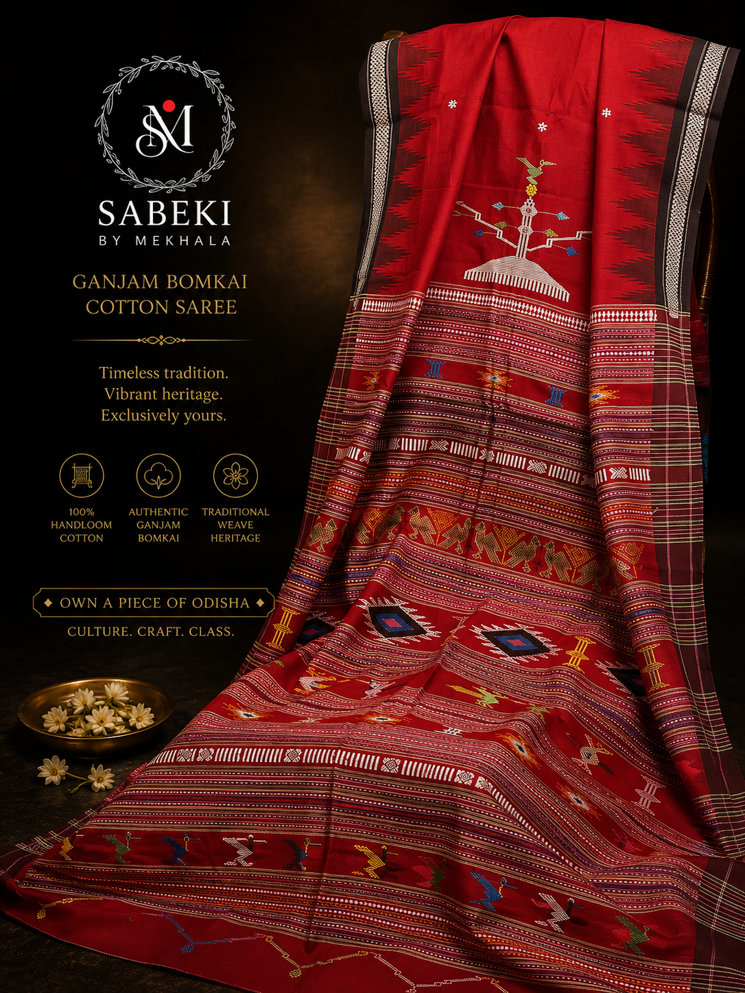 Dark Red Ganjam Bomkai Cotton Saree with Black Phoda Kumbh Border Handwoven in Odisha
